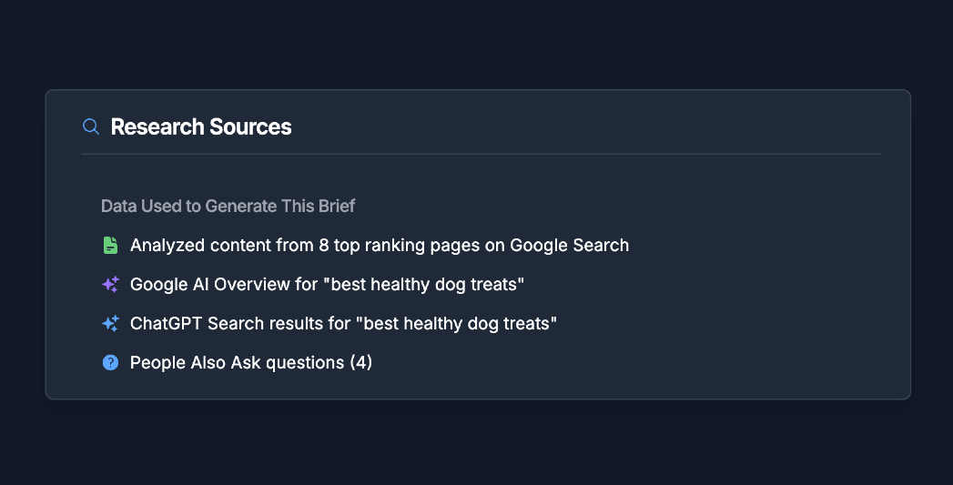 UI screenshot of Research Sources used in an SEO Content Brief creation tool in Hi, Moose