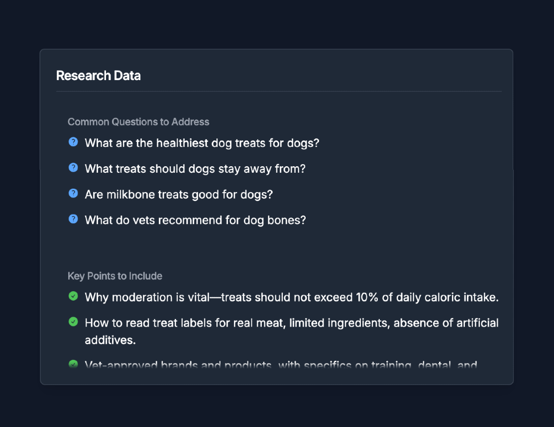 UI screenshot of the SEO content brief that includes FAQs and Key Points to include from the Hi, Moose application
