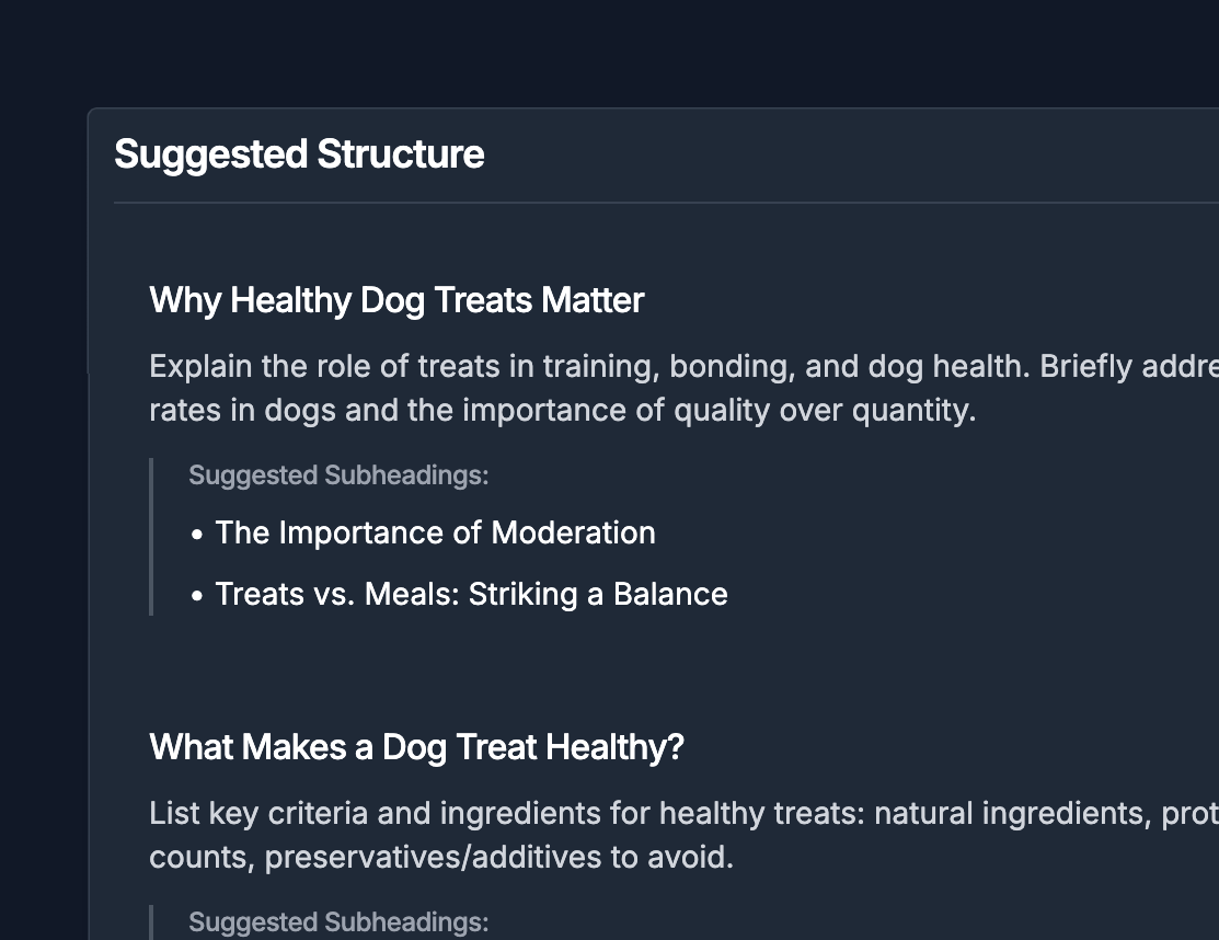 UI of SEO content brief, Suggested Content Structure section in the Hi, Moose SEO Content Brief Generator
