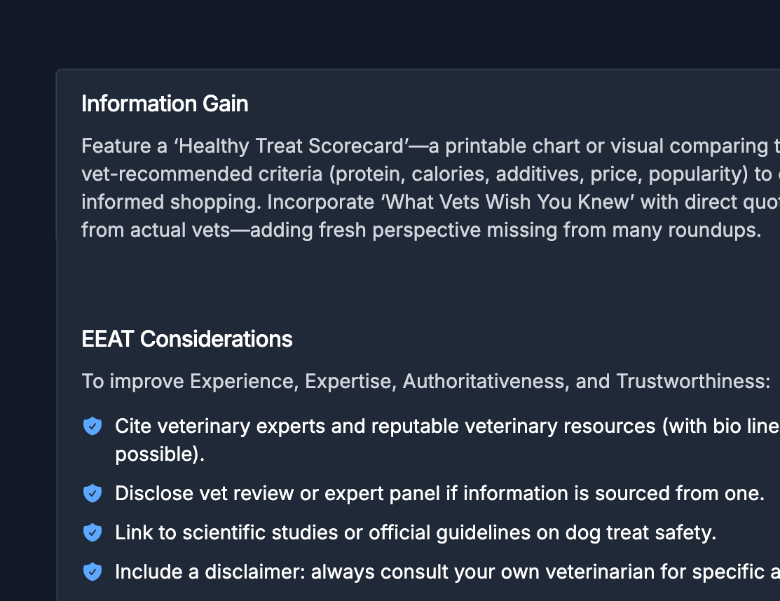 UI of the Information Gain and EEAT suggestions from the Hi, Moose SEO Content Brief Creator tool