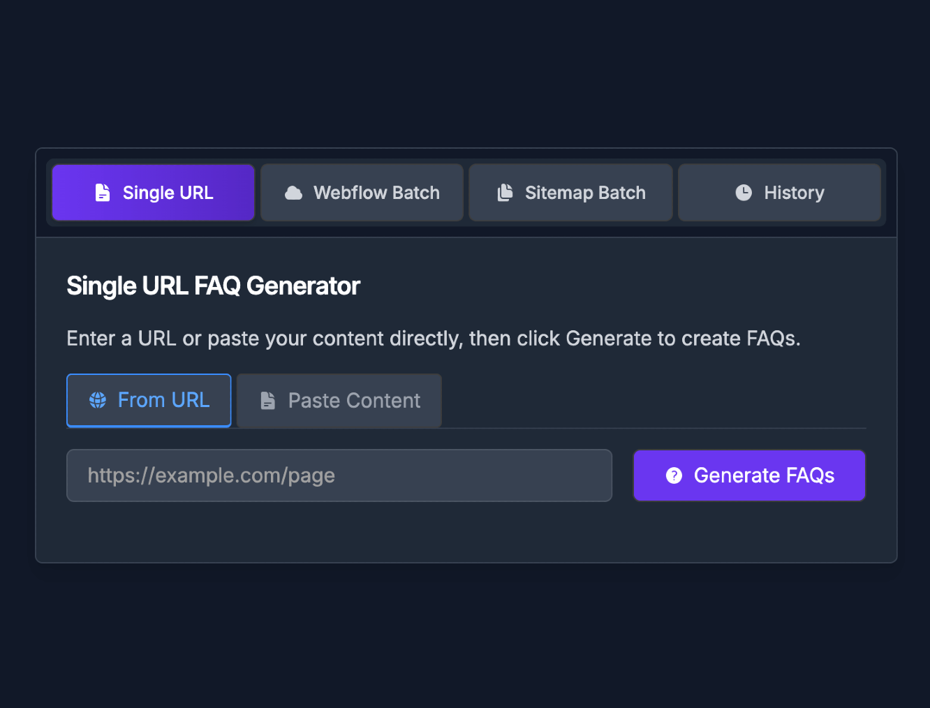 UI of content source selector to generate FAQs within Hi, Moose