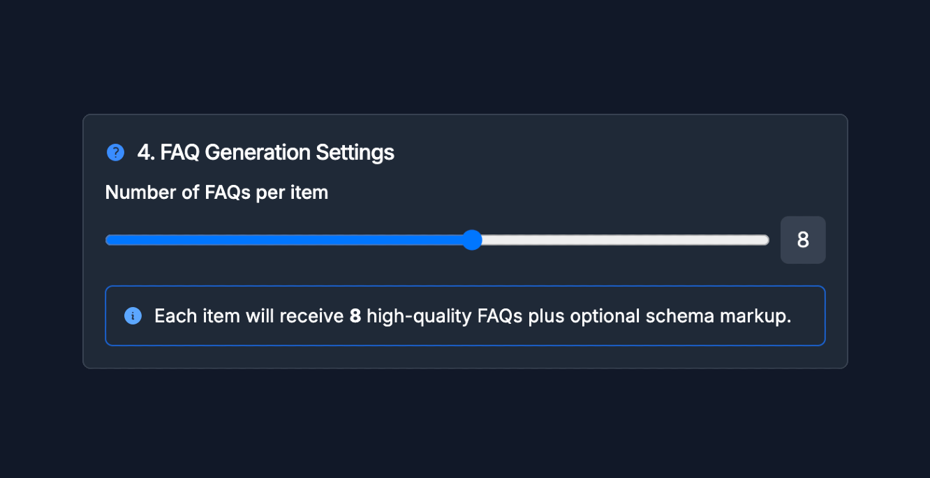 UI of FAQ generation settings from a Webflow Collection within Hi, Moose