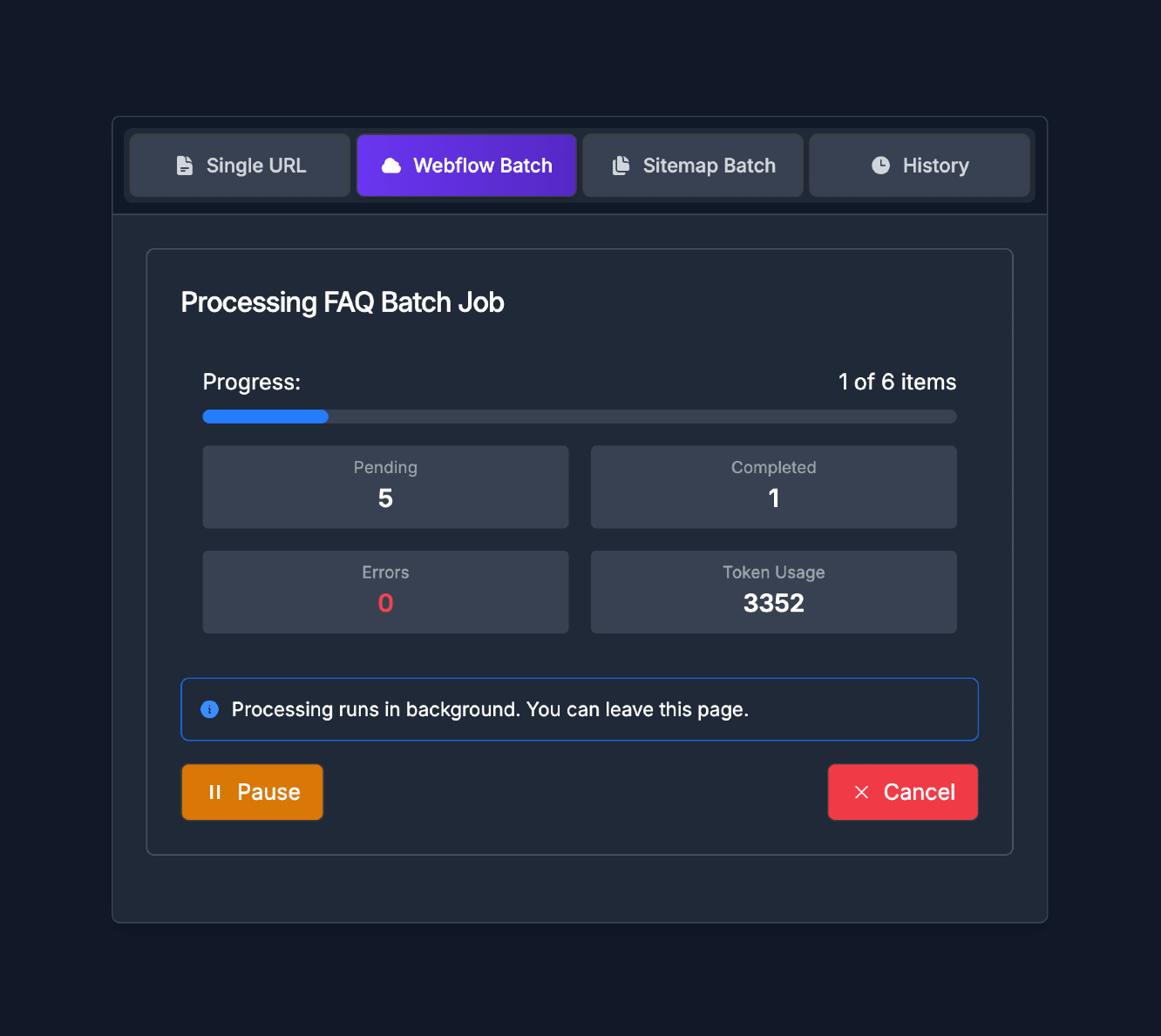 Screenshot of a Webflow FAQ batch processing job running from within Hi, Moose