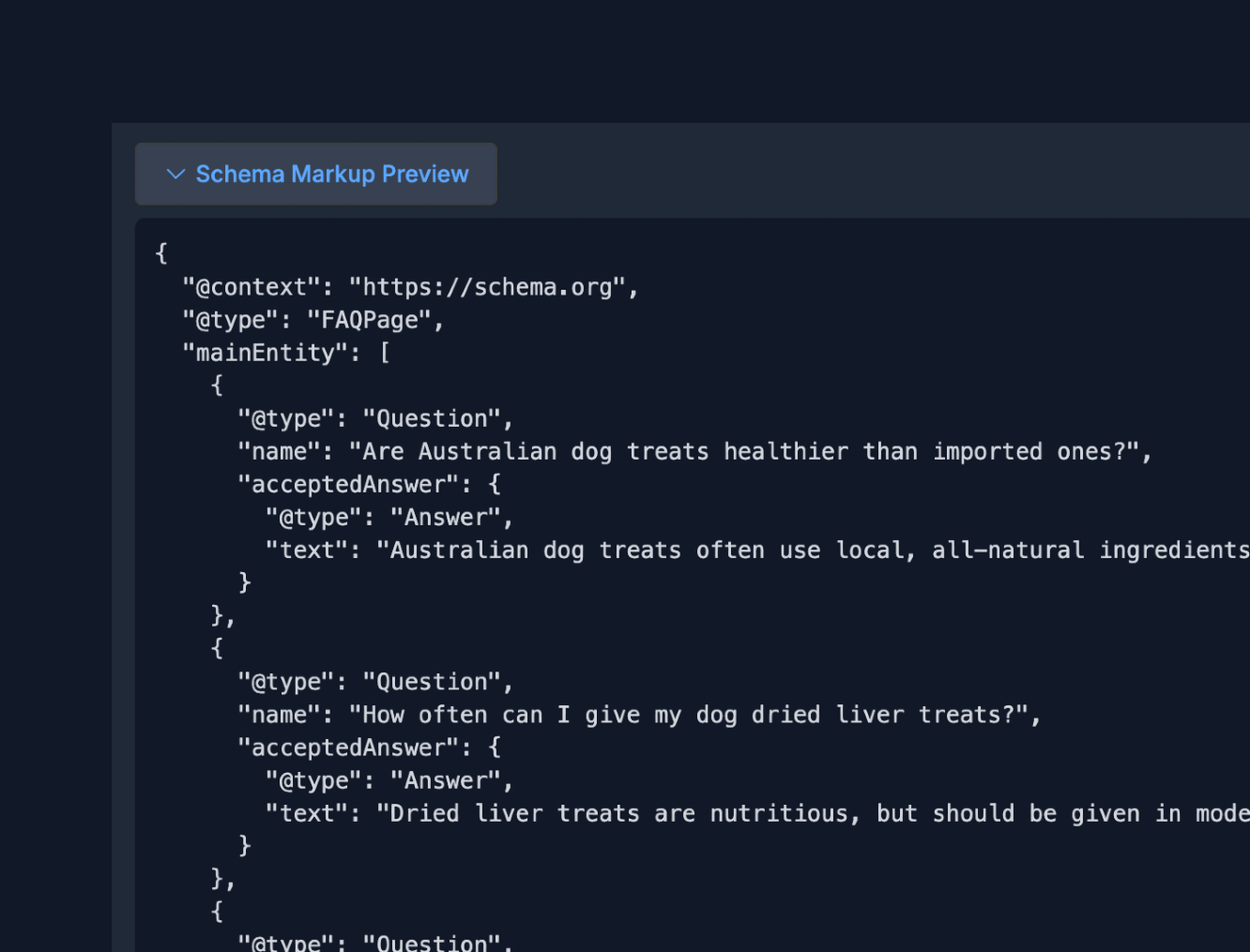 UI of generated FAQ schema markup within Hi, Moose