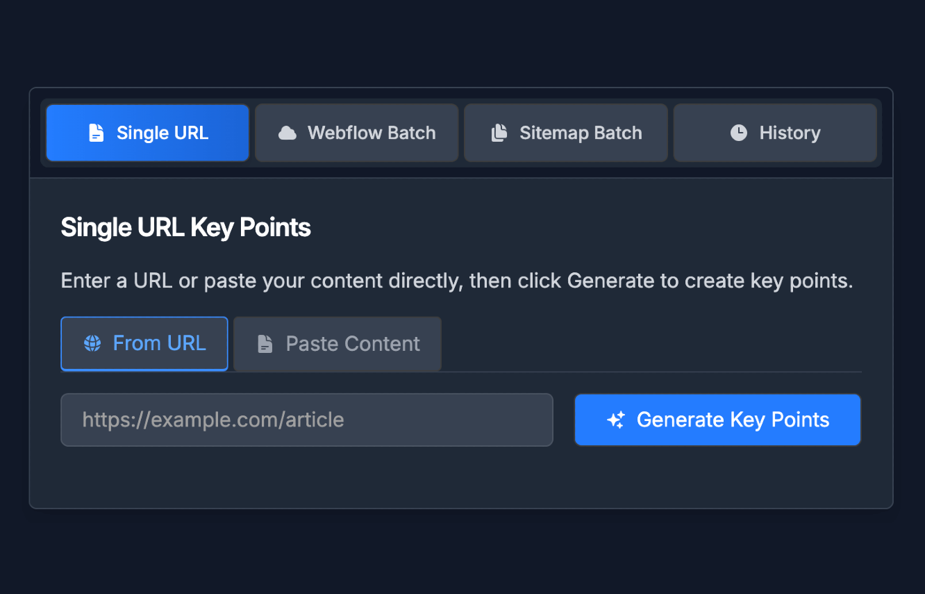 UI showing Key Points, TL;DR generator from a single URL within Hi, Moose