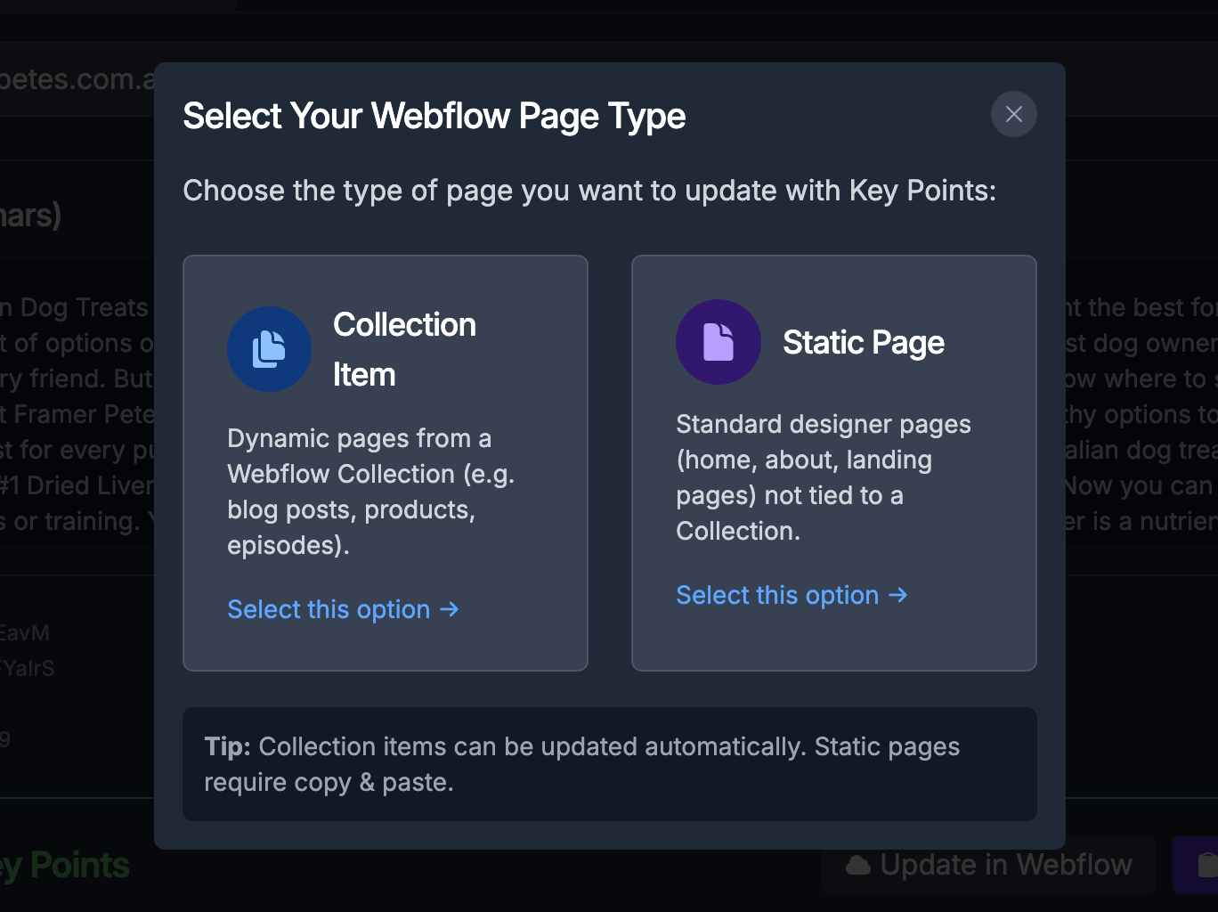UI with modal selector to choose a Webflow Collection item or Static page to use the Key Points in