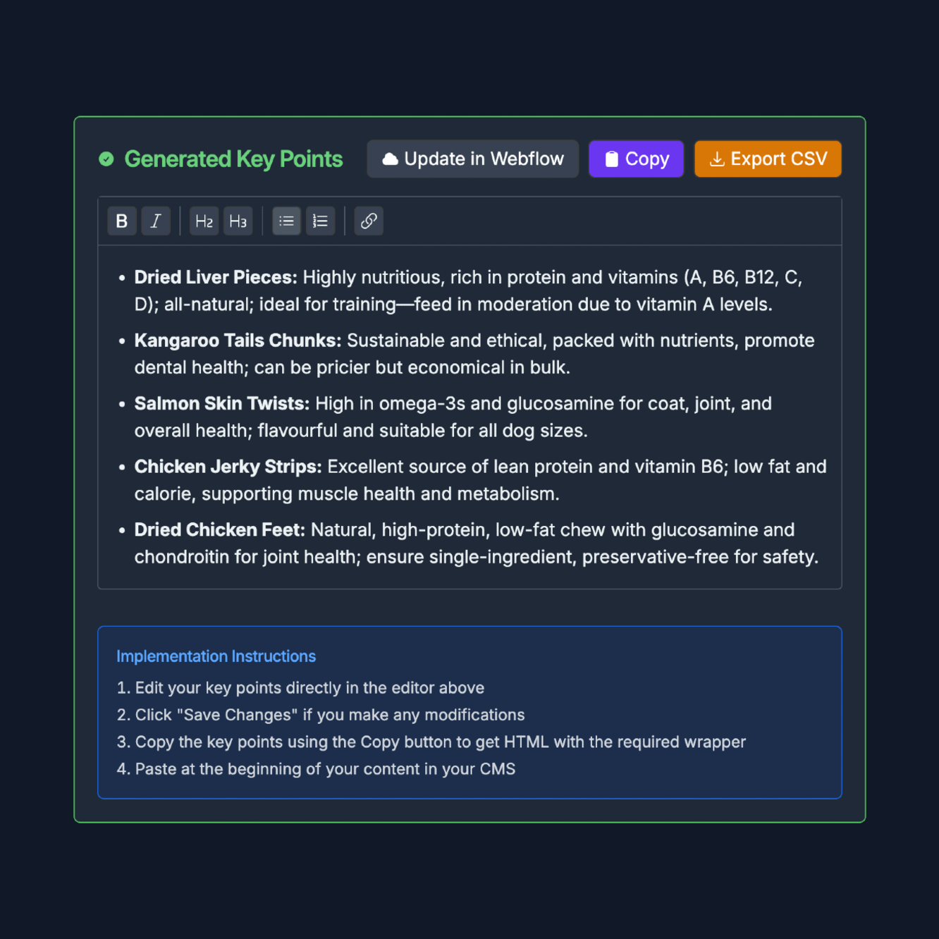 Generate Key Points UI screenshot from within Hi, Moose
