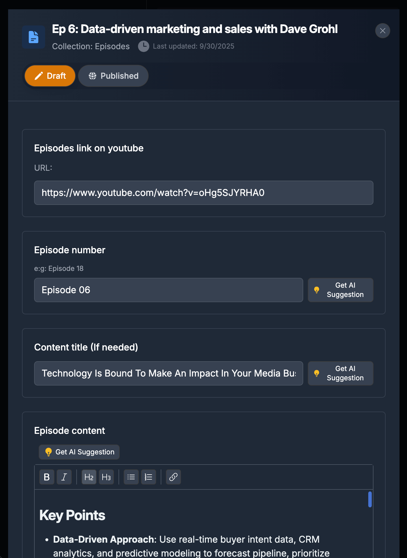 UI screenshot of editing a Webflow Collection item within Hi, Moose