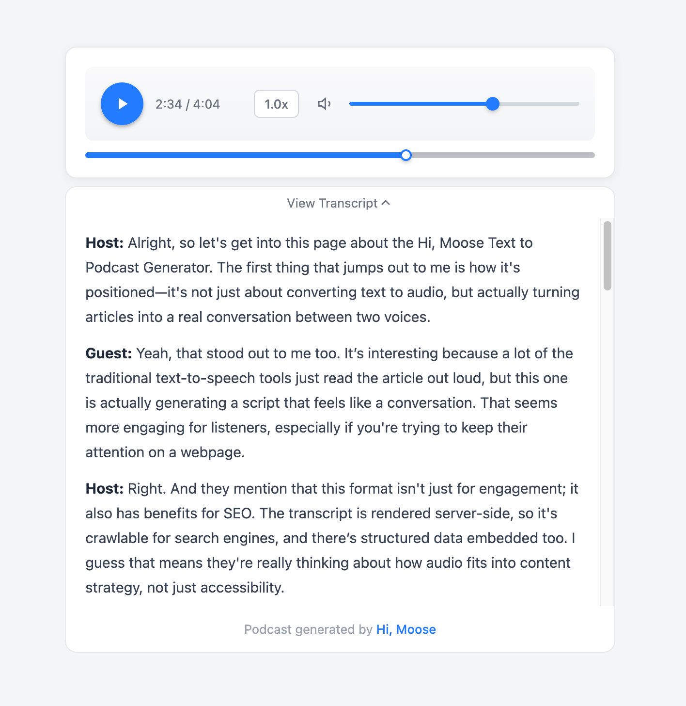 UI screenshot of the podcast player used for the Hi, Moose podcast generator