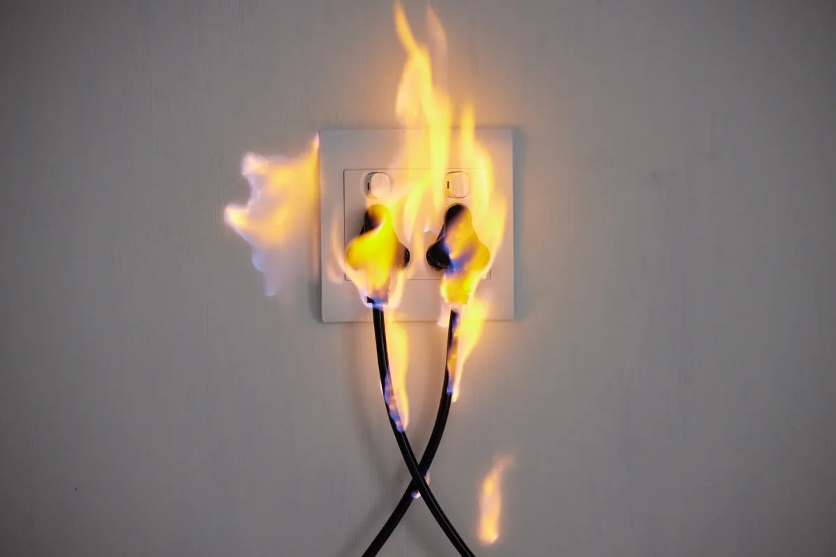 Wall power point with two plugs on fire, showing the fire risk from outdated switchboards and overloaded circuits
