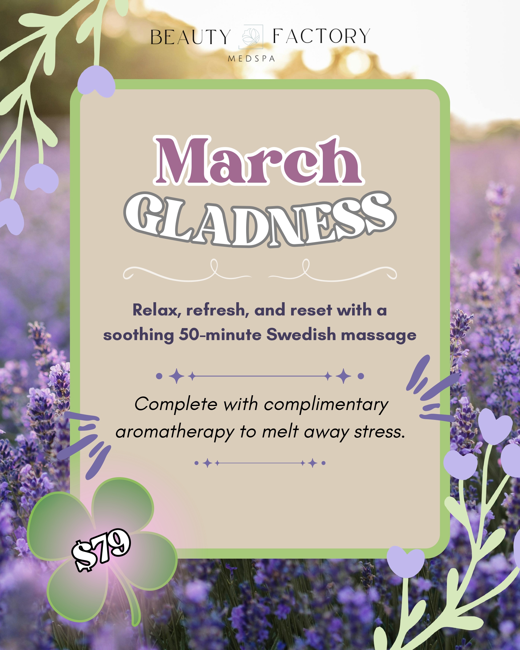 Promotion for Reiki Energy Healing service with chakra alignment for $89 by Beauty Factory Medspa, featuring crystals and chakra symbols on a purple background.