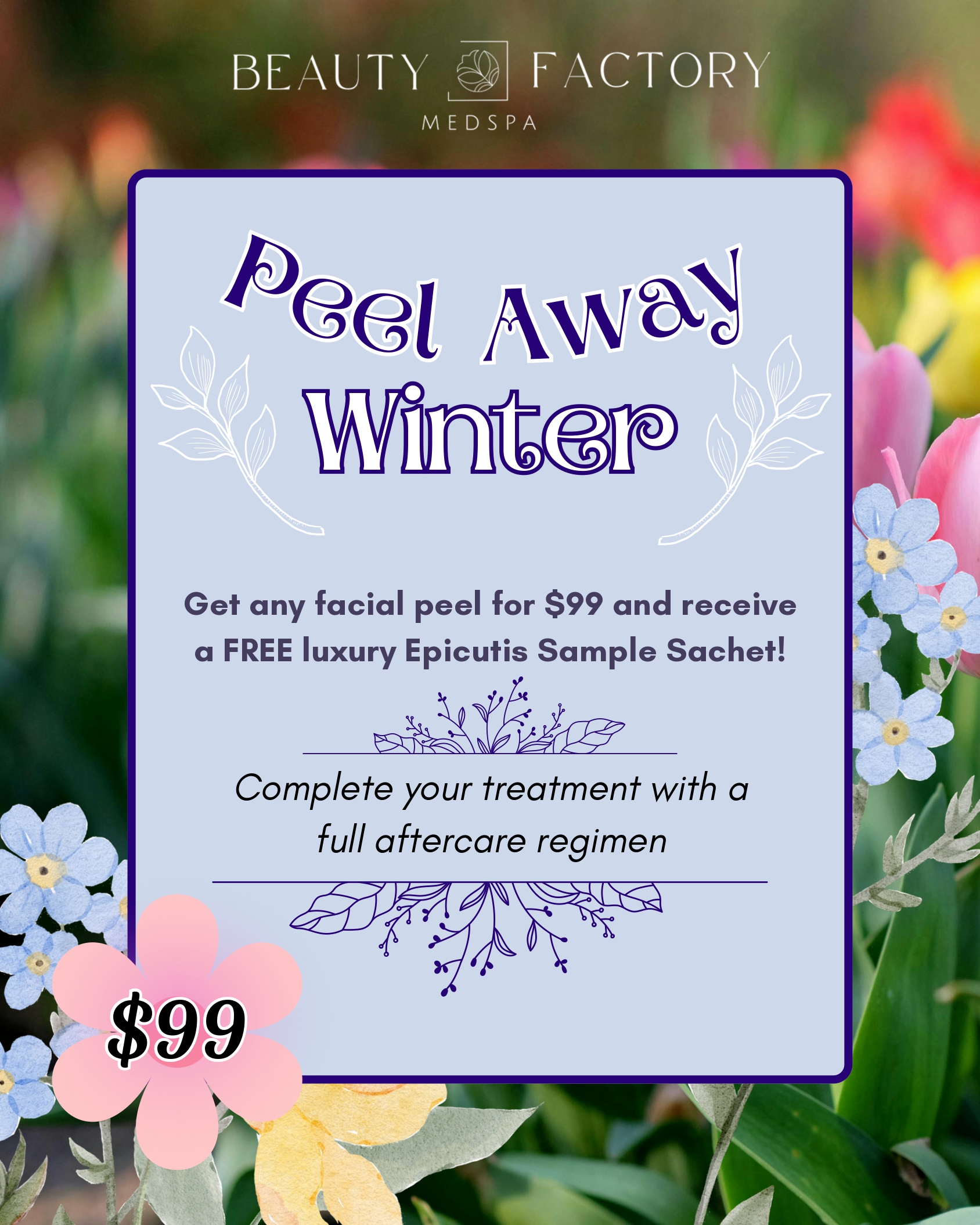 Promotion for Reiki Energy Healing service with chakra alignment for $89 by Beauty Factory Medspa, featuring crystals and chakra symbols on a purple background.