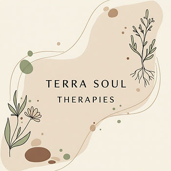 Abstract design with plants and earthy tones. Text reads "Terra Soul Therapies" on a beige background with green and brown dots. Calm mood.