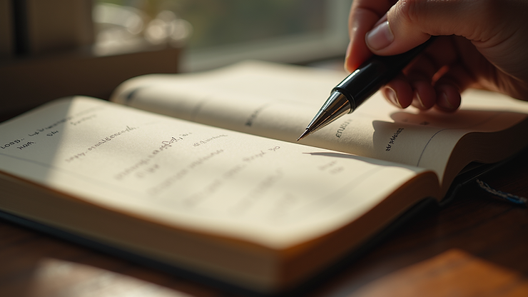 Close-up view of an open dream journal with a pen