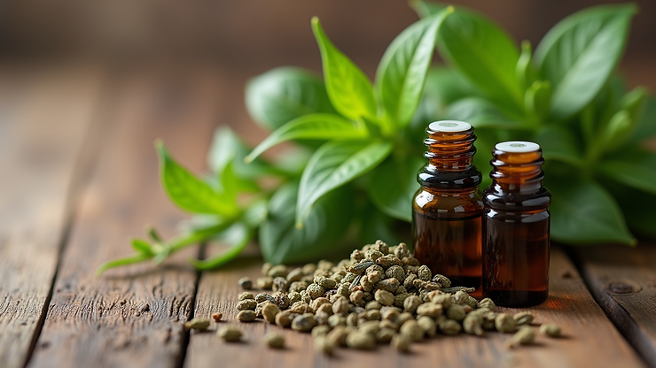 Close-up view of herbs and essential oils on a wooden table