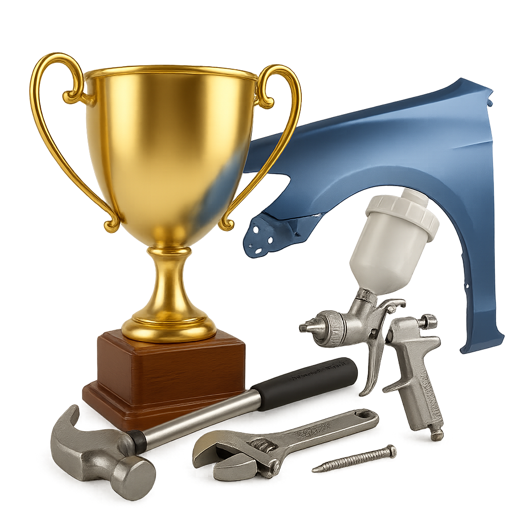 Trophée doré sur socle en bois entouré d'outils incluant un marteau, une clé réglable, une vis, un pistolet de peinture et une aile de voiture bleue.