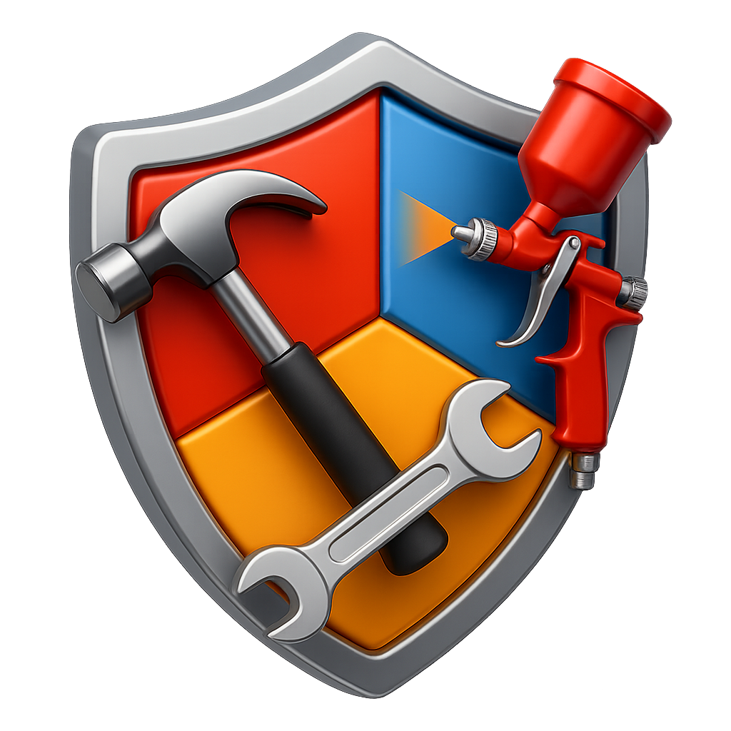 Bouclier tricolore contenant un marteau, une clé anglaise et un pistolet de peinture rouge.