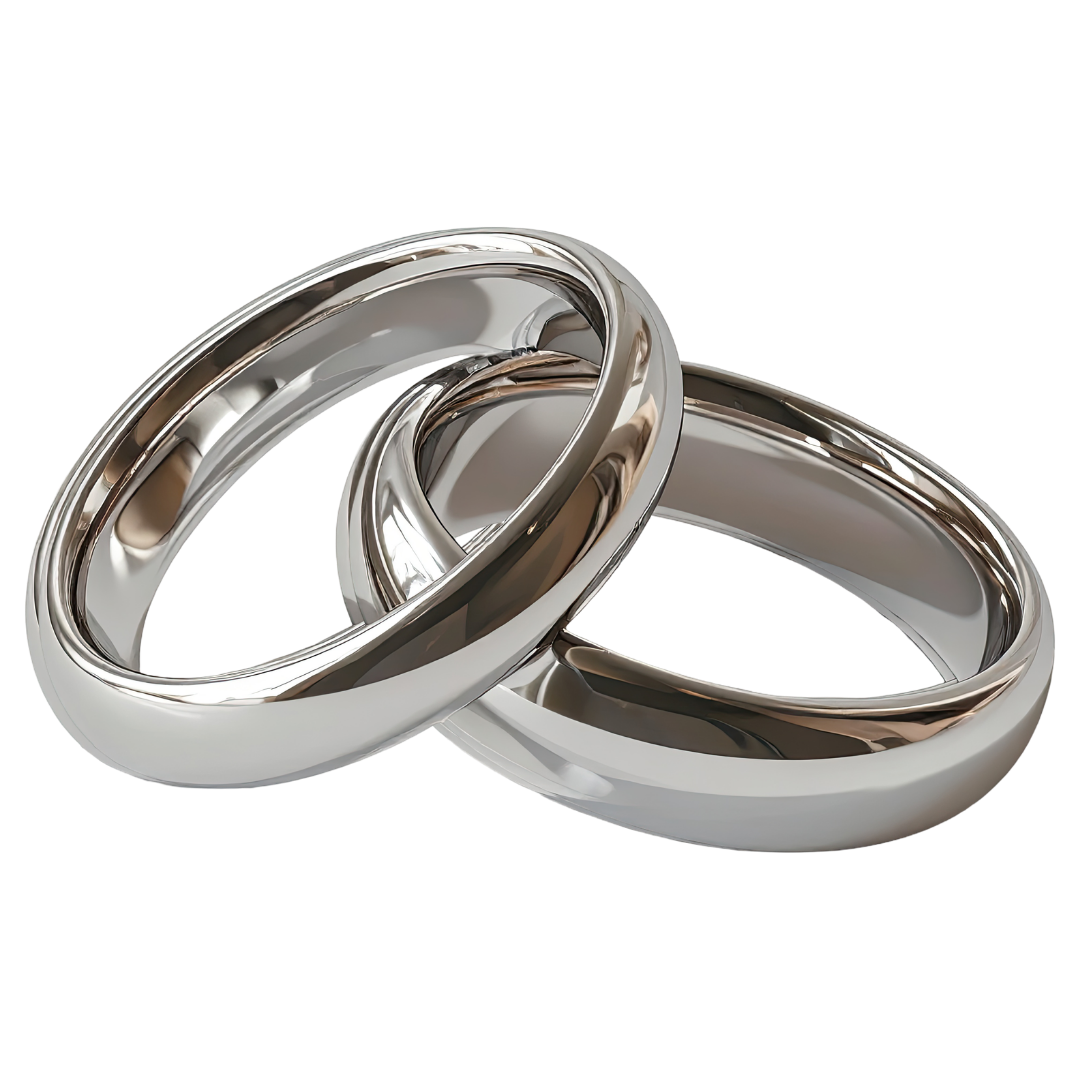 Two shiny silver wedding rings intertwined.