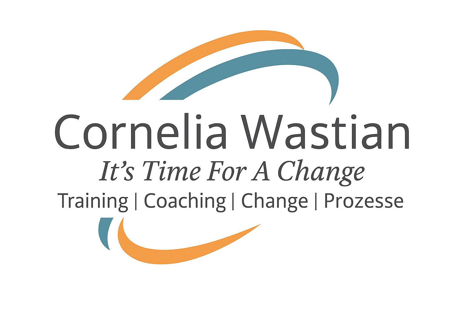 Logo von Cornelia Wastian mit dem Slogan ‚It’s Time For A Change‘ und den Stichwörtern Training, Coaching, Change, Prozesse.