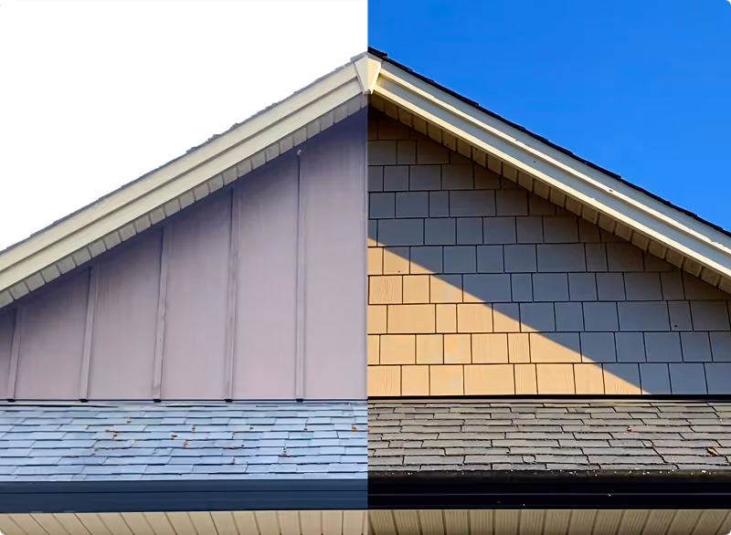 Side-by-side comparison of two house gables, the left with vertical panel siding and a dull roof under an overcast sky, the right with shingle siding and a sunnier roof under a clear blue sky.