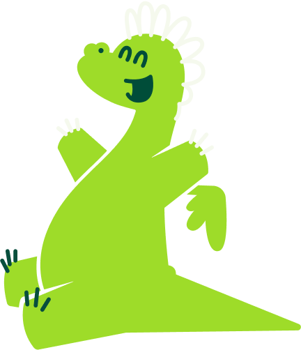 A happy wealthbit dragon mascot sitting and cheering.