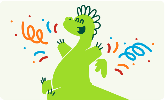 Happy green cartoon Wealthbit dragon smiling with colorful confetti around it.