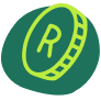Green coin with the letter R tilted at an angle on a dark green circular background.