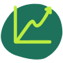 Green line graph with an upward trend and an arrow on a teal circular background.