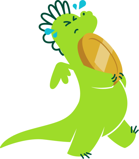 Wealthbit dragon mascot sweating and carrying a large coin.