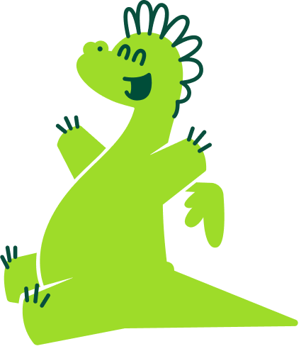 Illustration of a happy wealthbit dragon mascot sitting and smiling with eyes closed.