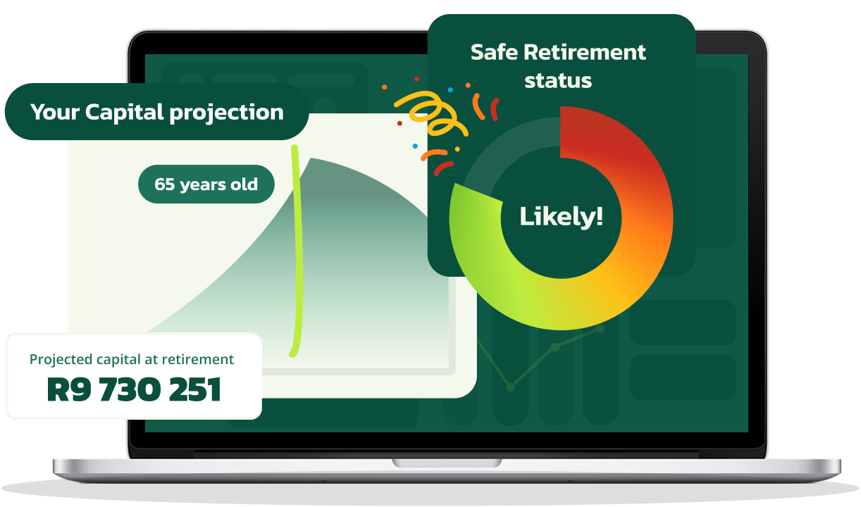 Laptop screen showing a capital projection graph labeled '65 years old' with projected retirement capital of R9,730,251 and a donut chart indicating a 'Likely!' safe retirement status.
