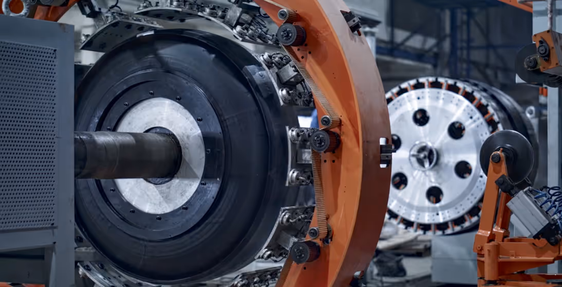 Close-up of industrial machinery with large rotating mechanical parts and orange structural elements in a factory setting.