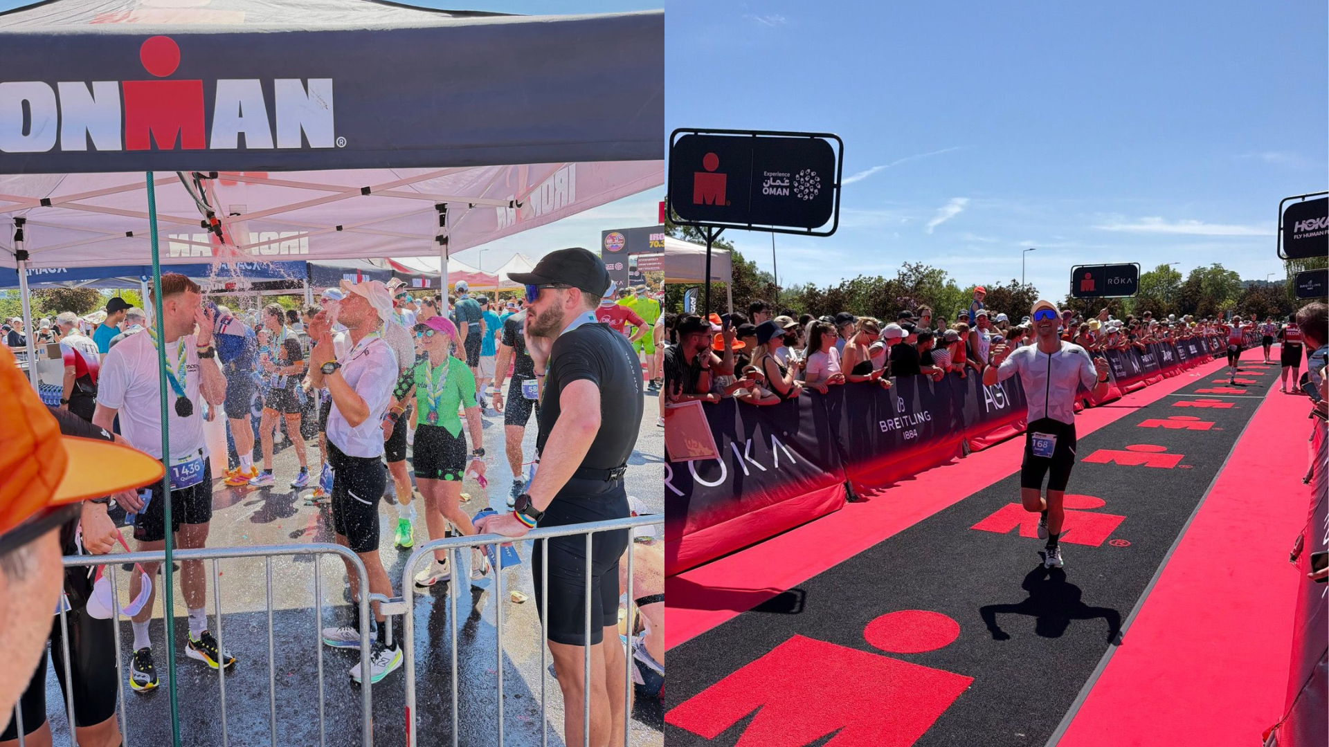 Jonas die over de finish komt van de Ironman wedstrijd.