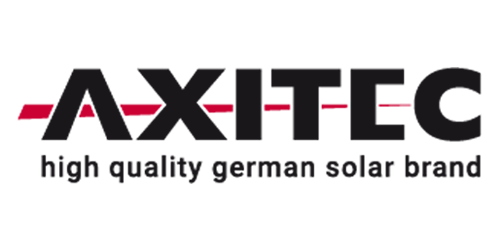 Axitec Firmenlogo mit roten geometrischen Formen und schwarzem Schriftzug.