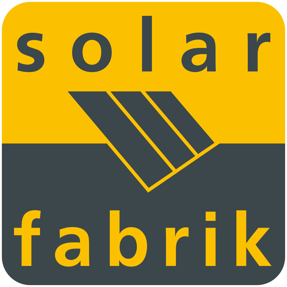 Logo mit gelbem und dunkelgrauem Hintergrund, darüber das Wort 'solar' und darunter 'fabrik', dazwischen ein stilisiertes Solarpanel.