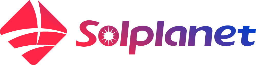 Solplanet-Logo mit einem roten stilisierten Diamanten und dem Schriftzug in Farbverlauf von Rot zu Blau.