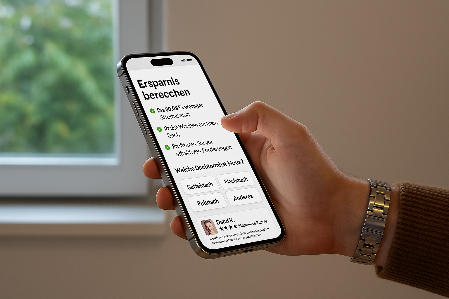 Smartphone-Bildschirm zeigt Dachsanierung-Beratung mit Sparoptionen