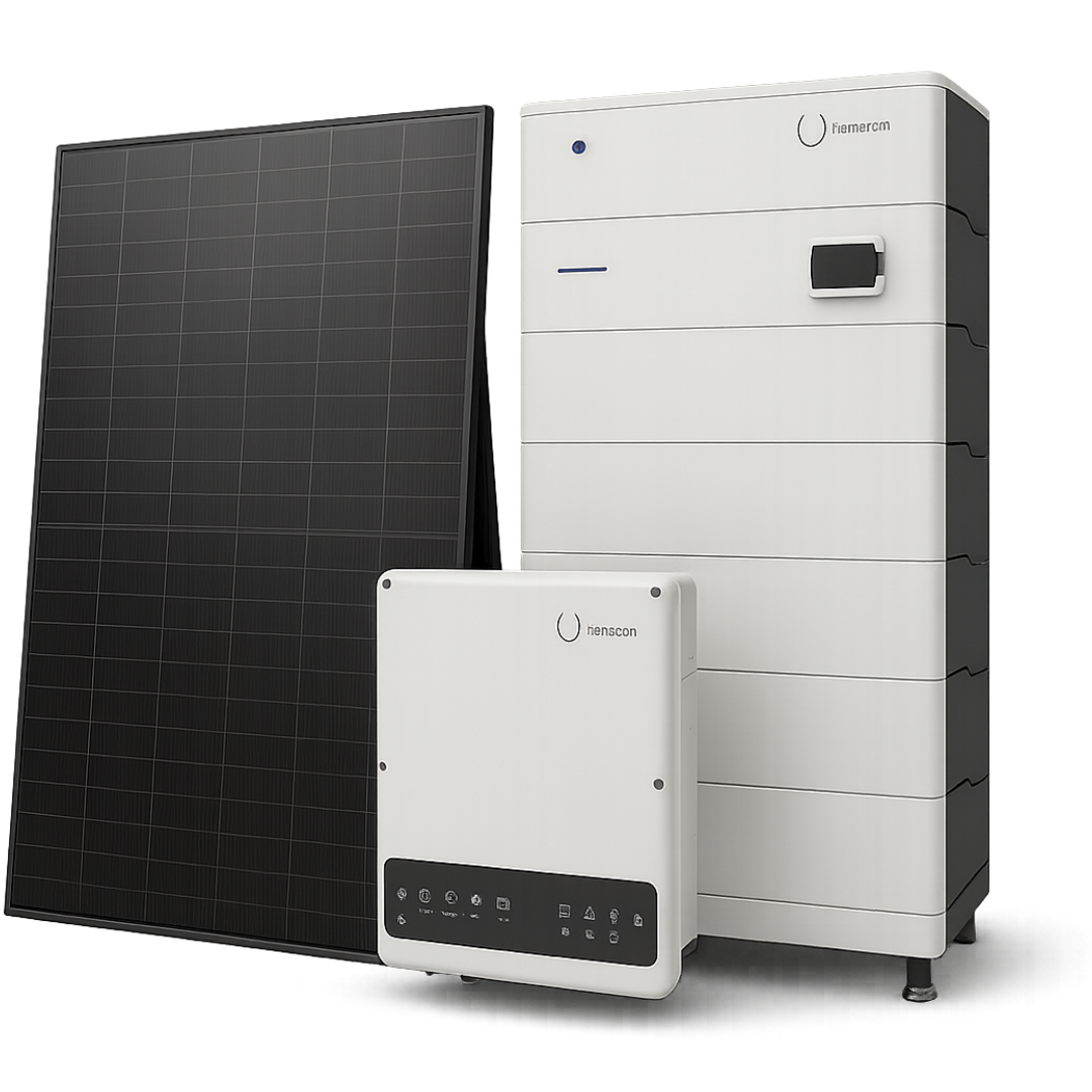 Schwarzes Solarpanel, Wechselrichter und Batterie für Solarenergie