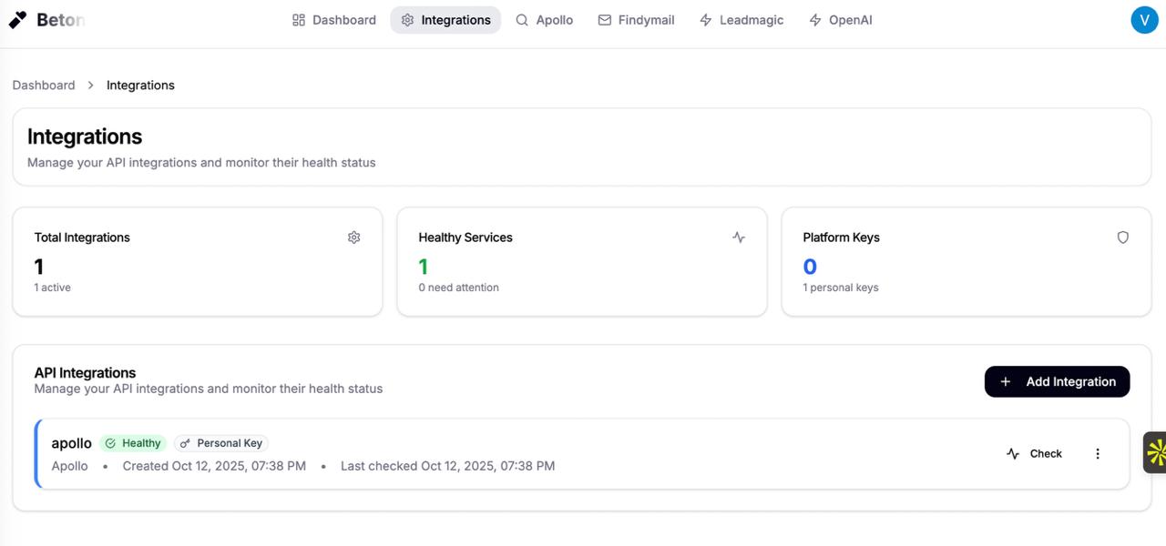 Dashboard screen displaying API integrations with one active and healthy service named Apollo, created and last checked on October 12, 2025.