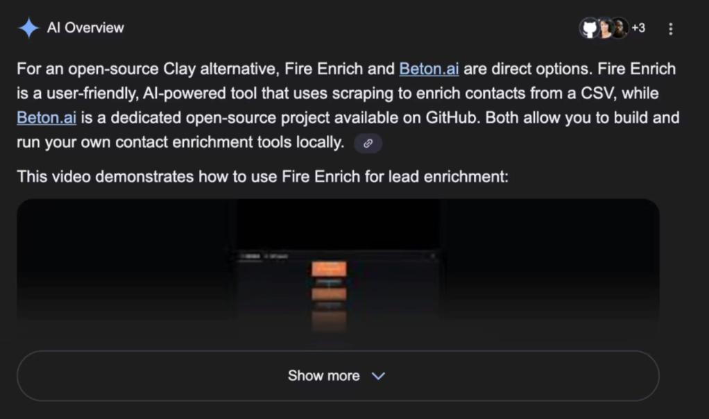 Text describing Fire Enrich and Beton.ai as open-source Clay alternatives for contact enrichment, with a video demonstration on using Fire Enrich.
