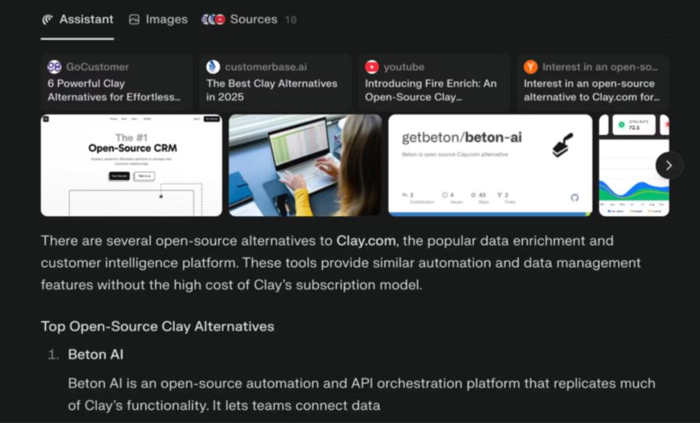 Screenshot of a webpage discussing open-source alternatives to Clay.com, highlighting Beton AI as an automation and API orchestration platform replicating Clay's functionality.
