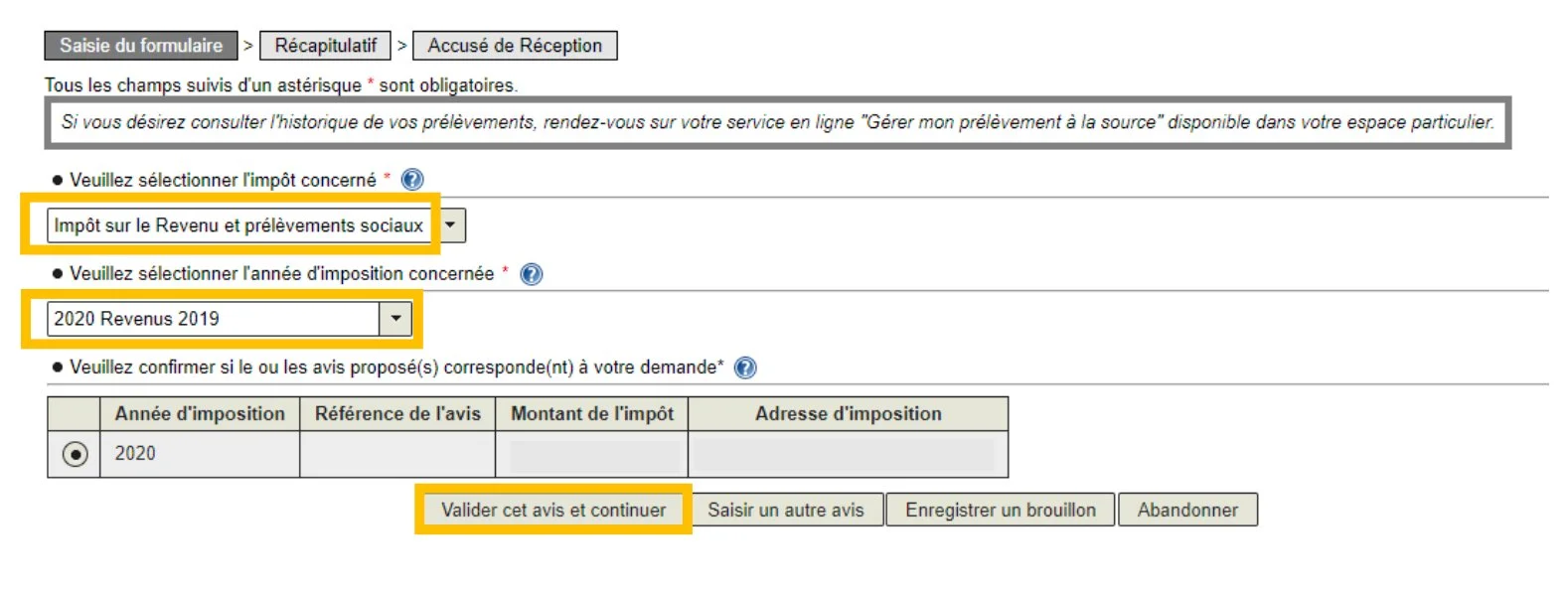 Formulaire de sélection de l'impôt et de l'année avec bouton Valider cet avis et continuer