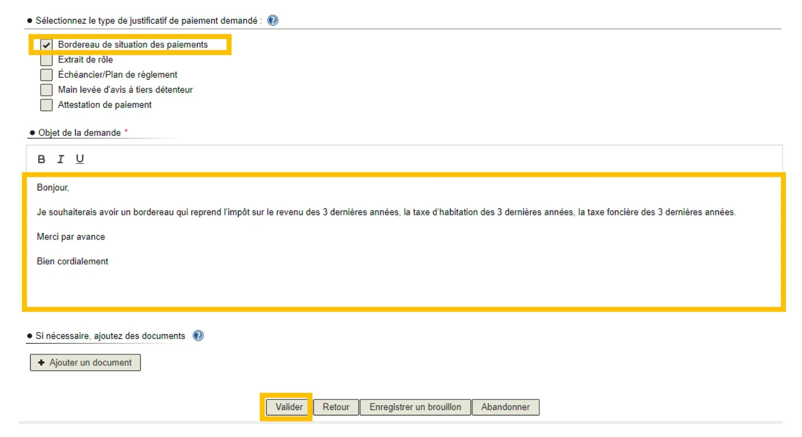 Case Bordereau de situation des paiements cochée et message type saisi dans l'objet de la demande