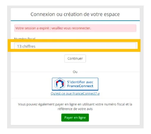 Écran de connexion avec champ numéro fiscal