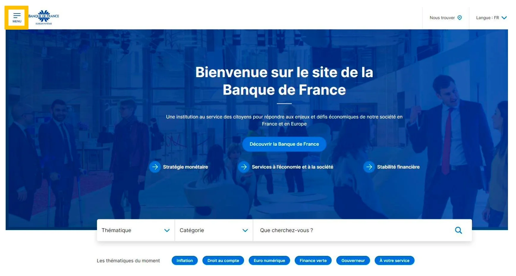 Page d'accueil du site Banque de France avec le bouton Menu en haut à gauche