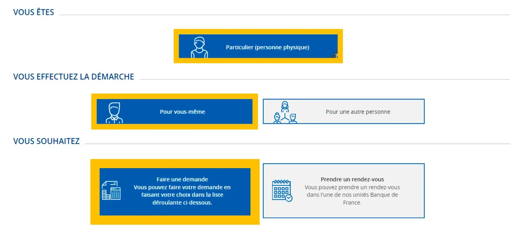 Page de sélection du profil avec Particulier, Pour vous-même et Faire une demande mis en évidence