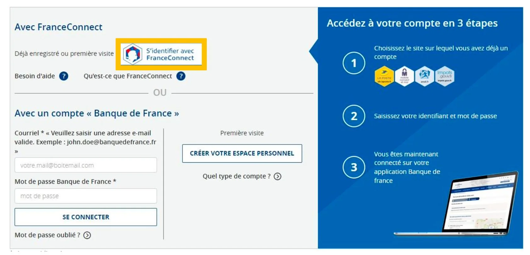 Page de connexion avec le bouton S'identifier avec FranceConnect mis en évidence