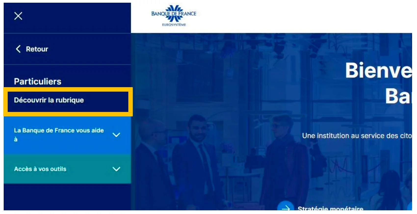 Sous-menu Particuliers avec l'option Découvrir la rubrique mise en évidence