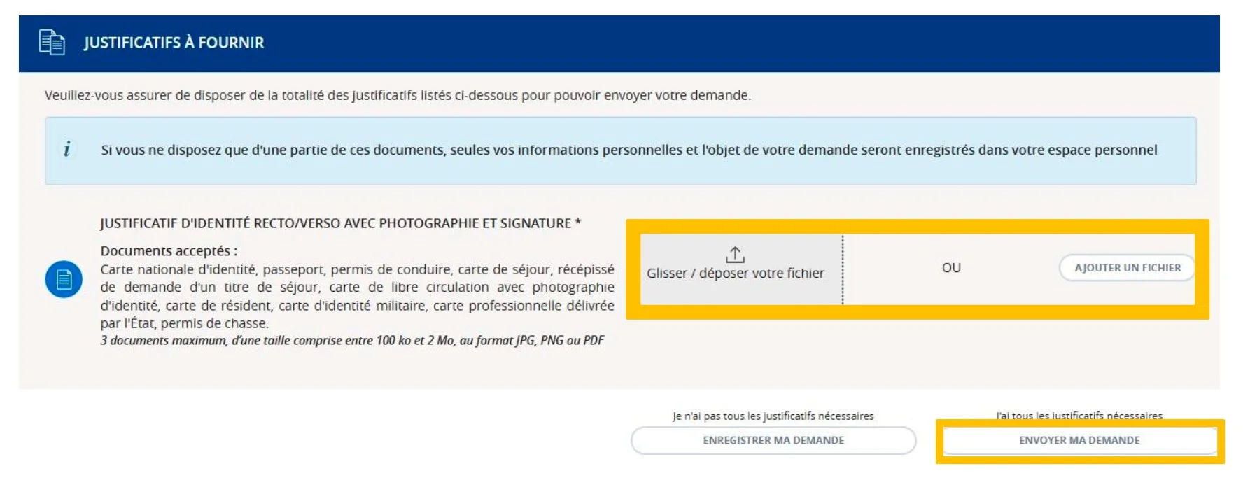 Zone de dépôt du justificatif d'identité avec le bouton Envoyer ma demande mis en évidence
