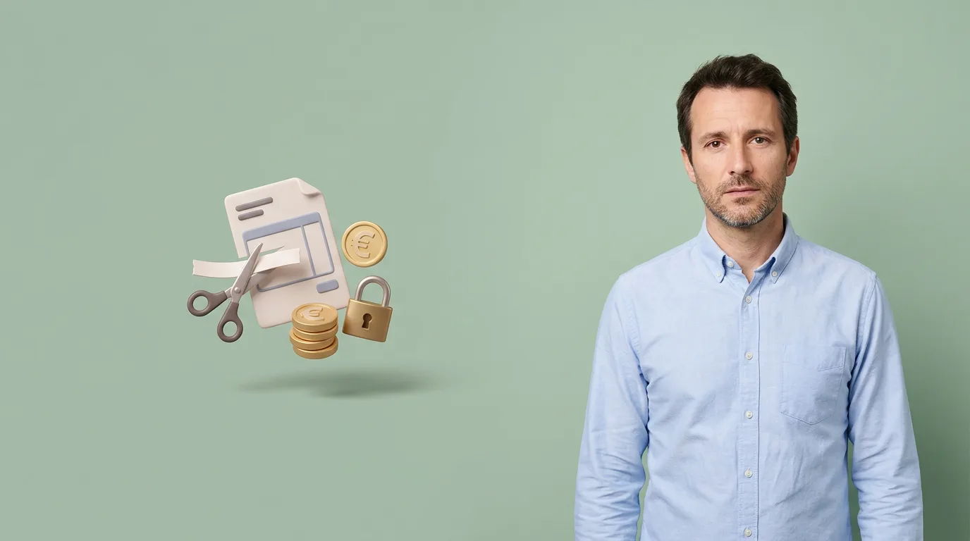 Homme en chemise bleue face caméra, à côté d'une fiche de paie découpée, de pièces en euros et d'un cadenas